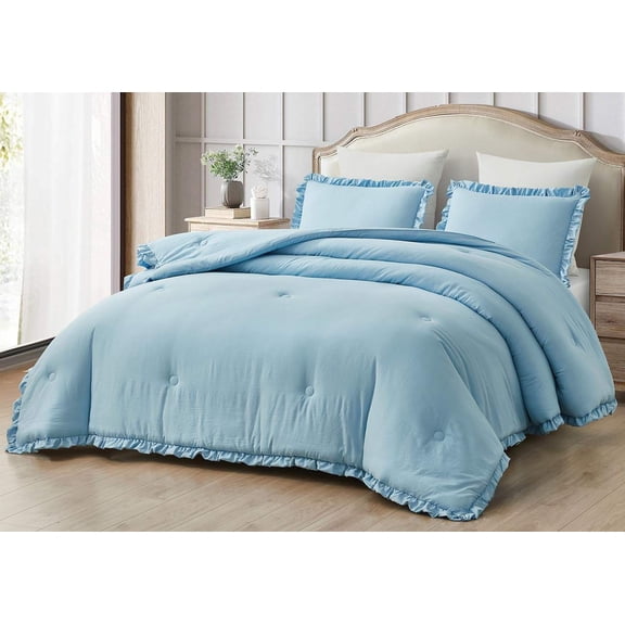 Chambray Blue 3-Piece Stone-Washed Microfiber Comforter Set, Queen Size, Ruffled Edge