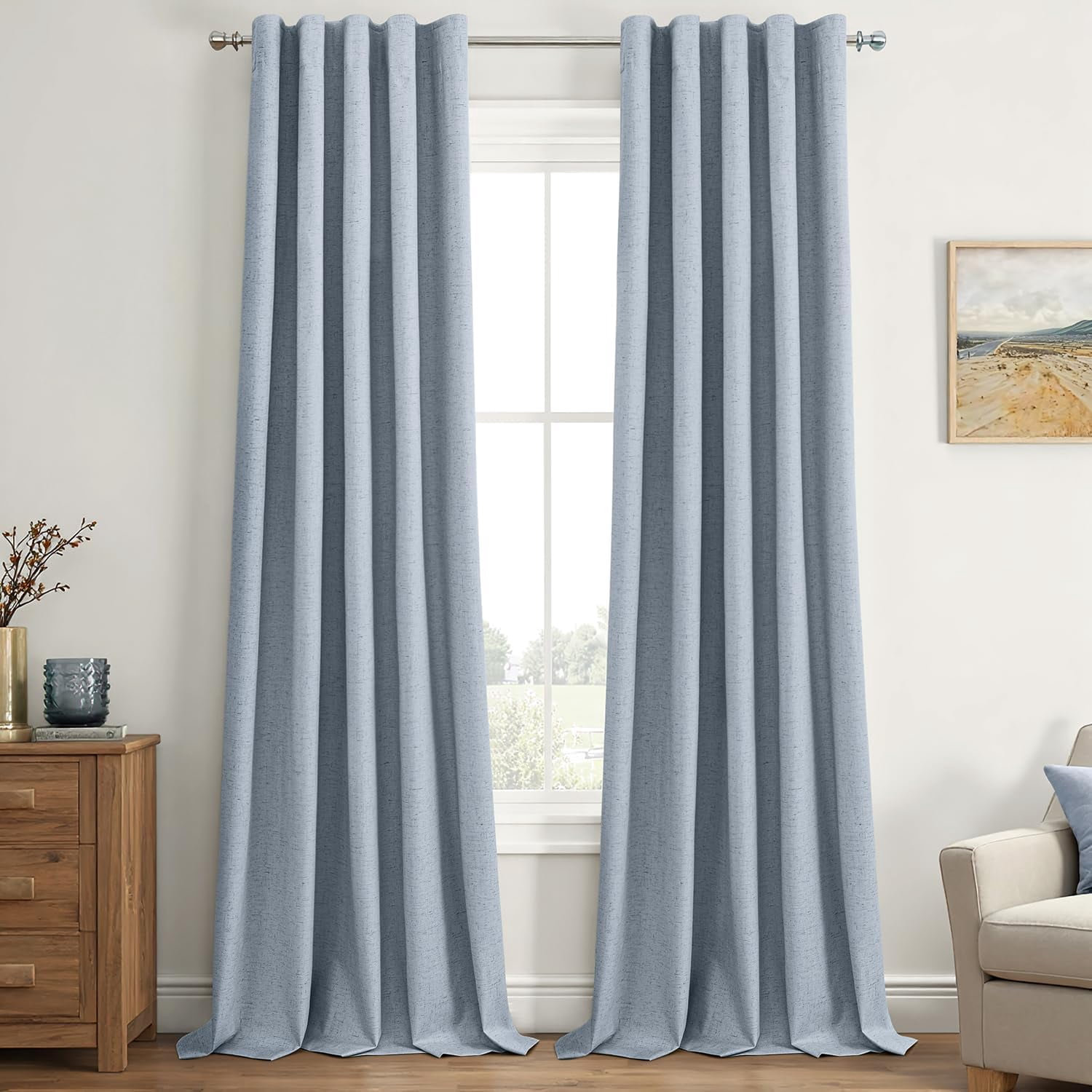 Chambray Blue Linen Blackout Curtains 84 inch Long 2 Panels Set for Bedroom Back Tab Thermal Insulated 100% Black Out Drapes Pinch Pleated Hooks Room Darkening Window Curtain for Living Room