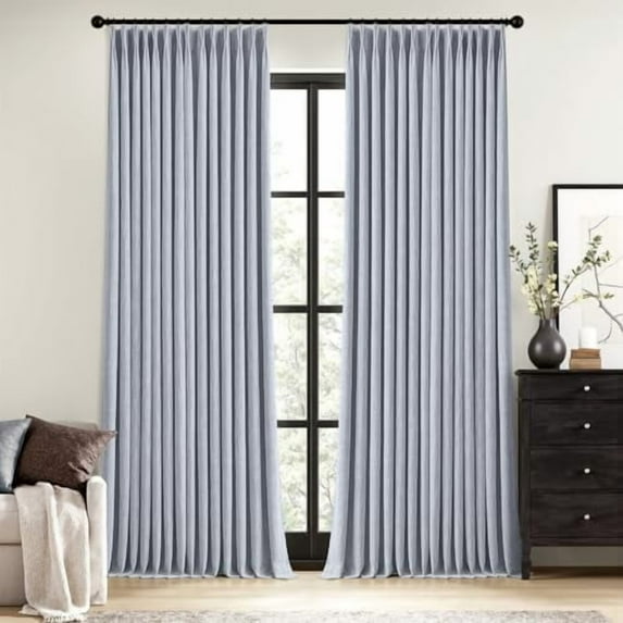 Chambray Blue Pinch Pleated 100% Blackout Linen Curtains for Bedroom, Room Darkening Memory Trained Light Blocking Window Curtain 84 inches Long for Living Room, Black Out Pleat Drape, 2 Panels