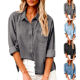thumbnail image 1 of Chambray Denim Shirt Women Long Sleeve Button Down Western Jean Shirts Collared V Neck Roll Up with Pockets Boyfriend Baggy Shacket Casual office, 1 of 8
