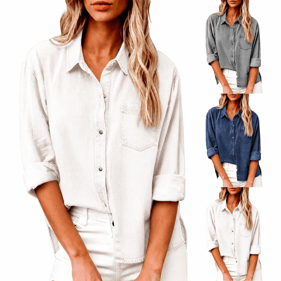 Chambray Denim Shirt for Women Long Sleeve Button Down Western Jean Shirts Collared V Neck Roll Up with Pockets Casual office