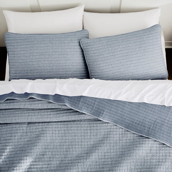 Chambray King Size Quilt Set Denim Blue Striped Lightweight Soft Summer Spring Bedspread