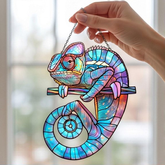 Chameleon Acrylic Suncatcher, Faux Stained Glass Window Hanging, Colorful Lizard, Rainbow Reptile Decor, Animal Gift size 6in