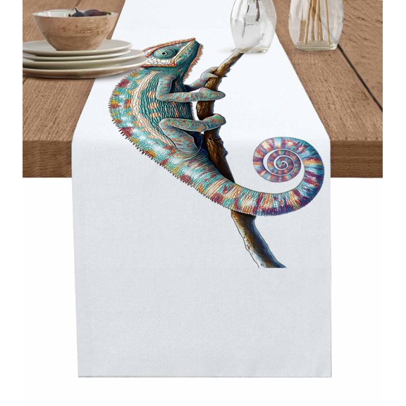 Chameleon Animal Motif Table Runner Cotton Linen 120 Inch Holiday Dresser Scarves, Watercolor Chameleon Artwork Tablerunner for Kitchen Coffee Dining Bedroom Dinner Scarf Décor 13''x120''