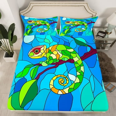Chameleon Bed Sheets Twin Size Blue Green Geometry Grids Fitted Sheet for Adult Women Wildlife Chameleon Bed Set 3D Animal Bedding Sets Western Rustic Farmstyle Bedding（No Top Sheet）