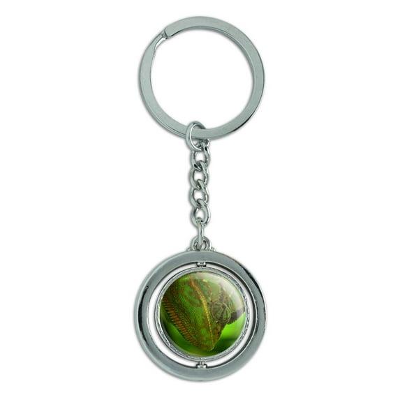 Chameleon Blending in Leaves Lizard Reptile Spinning Circle Metal Keychain