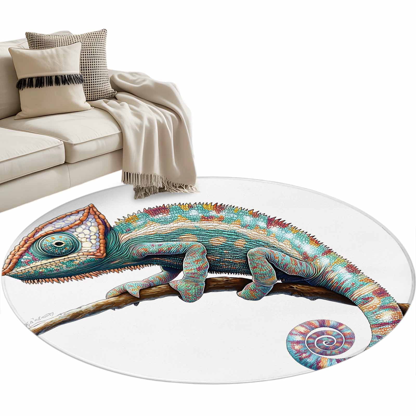 chameleon-on-a-branch-round-area-rug-4ft-watercolor-animal-non-slip