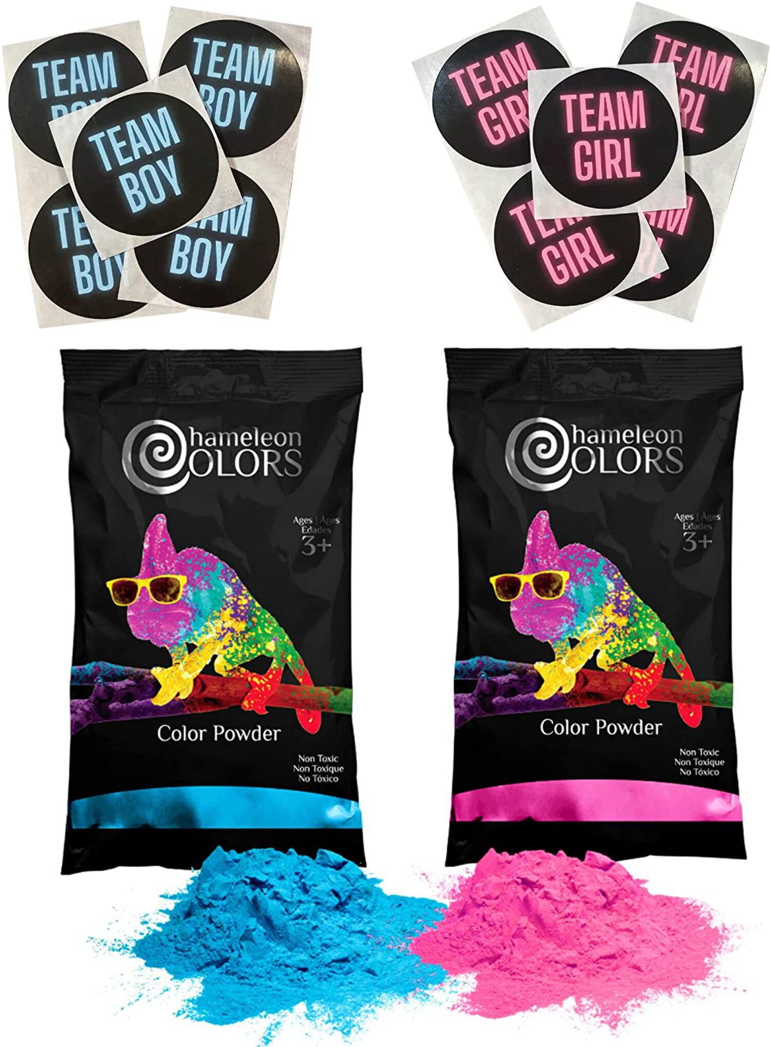 Chameleon Colors Gender Reveal Powder Kit - Includes Pink and Blue Color Powder, 5 Team Girl and 5 Team Boy Stickers - 2 lbs Color Powder