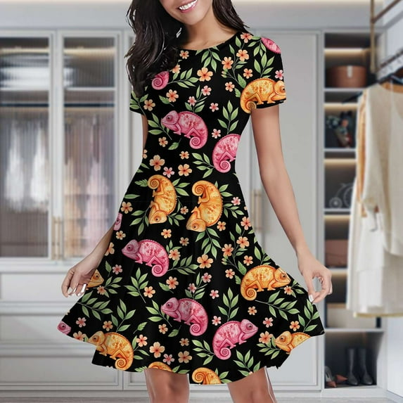 Chameleon Floral Pattern Women's Classic Swing Skater Dress Casual Work Party Cocktail Dresses
