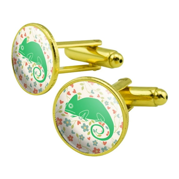 Chameleon Floral Wallpaper Round Cufflink Set Gold Color