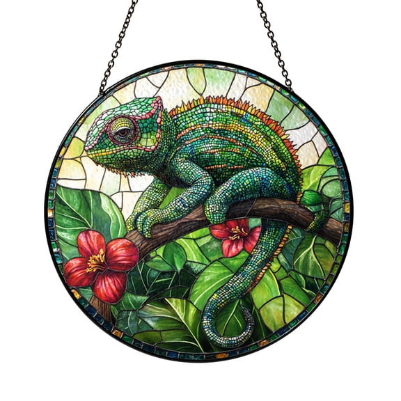 Chameleon Green Lizard Stained Glass Style Suncatcher, Jungle Animal Window Hanging for Nature and Garden Decor