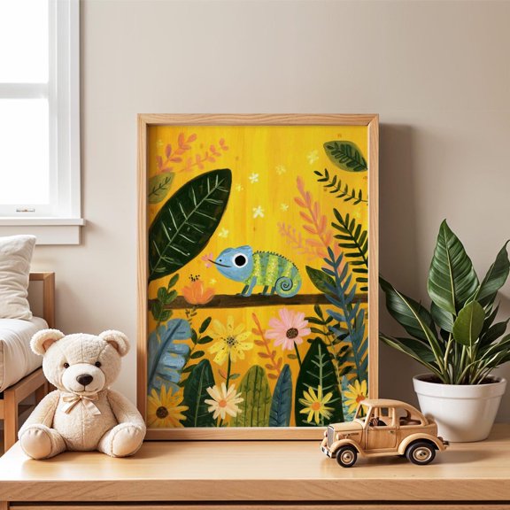 Chameleon Jungle Nursery Tropical Animal Vibrant Lizard Baby Room Art, Stretched Canvas 8x10in