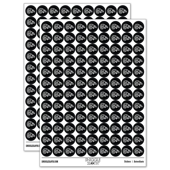 Chameleon Lizard Doodle 200+ Round Stickers - Black - Gloss Finish - 0.50" Size
