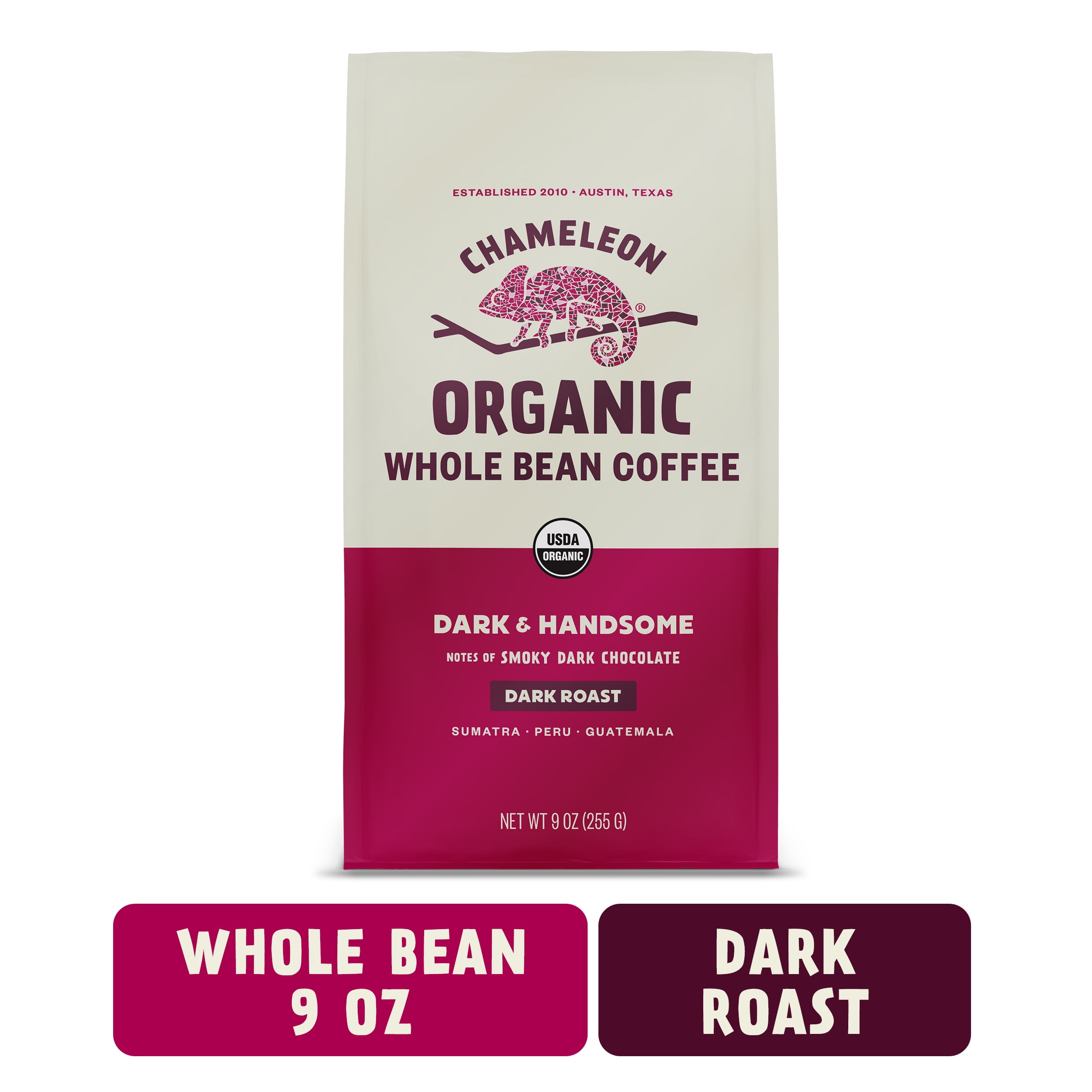 Chameleon Organic Coffee Dark & Handsome, Dark Roast, Whole Bean Coffee, 9 Oz