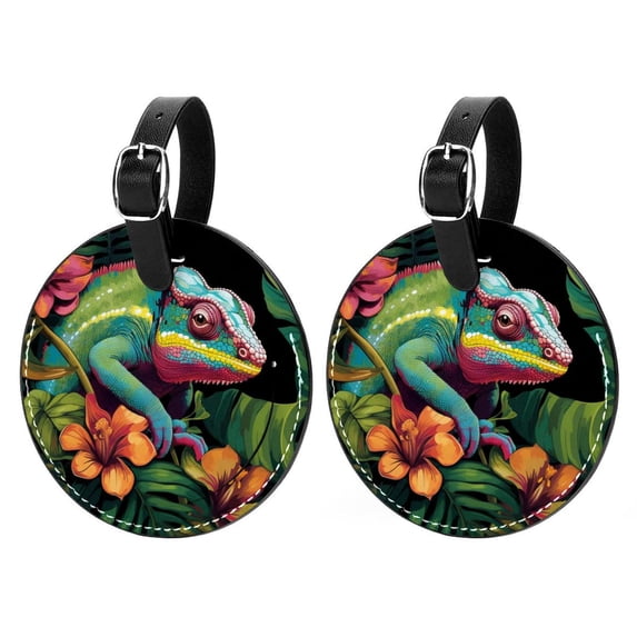 Chameleon Set of 2pcs PU Leather Round Suitcase Tags with Privacy Cover and Name ID Tag - Ideal for Travel Luggage, Handbags, Backpacks, School Bags