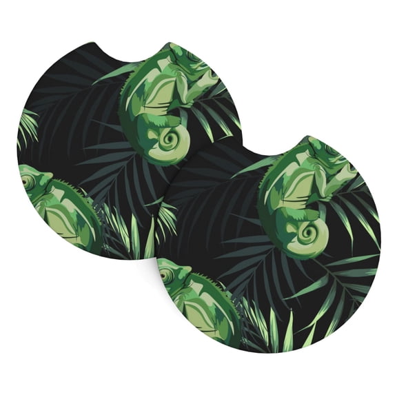 Chameleon Tropical Palm Leaves Car Cup Holder Pad 2-Pack Neoprene Coasters for Auto Interior Waterproof Universal Fit for Most Vehicles