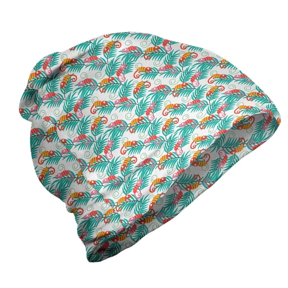 Chameleon Unisex Beanie, Animal on a Tree Branch, Hiking Outdoors, White and Multicolor, by Ambesonne
