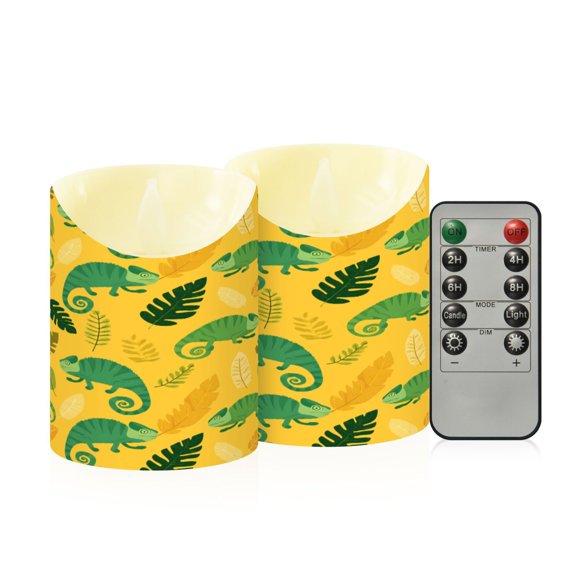 Chameleon and Tropical Leaves Pattern Flameless Candles 2 PCS with Remote Realistic Moving Flame LED Tapered Pillar Set for Home Decor