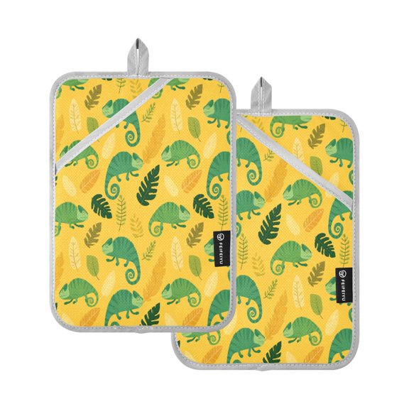 Chameleon and Tropical Leaves Pattern Pot Holder Set 2 Piece Non-Slip Oven Hot Pads Heat Resistant Durable 7x9.8in