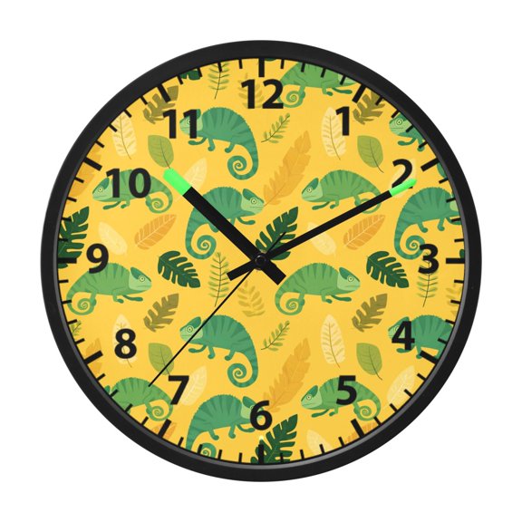Chameleon and Tropical Leaves Pattern Wall Clock 12 Inch Voice Activated Night Light Silent Non Ticking