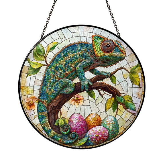 Chameleon on Branch Sun Catcher Glass Round Window Hanging Decor