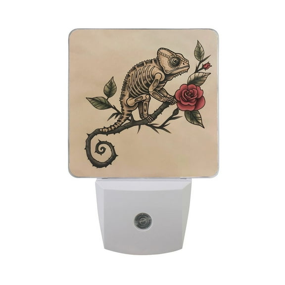 Chameleon on Rose Branch Night Light 2 Pack LED Nightlight Plug into Wall Dusk to Dawn Sensor Soft White