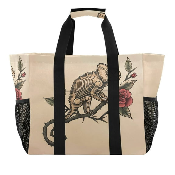 Chameleon on Rose Branch Reusable Grocery Bags with Handle Side Pocket Waterproof Shopping Portable Tote