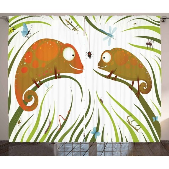 Ambesonne Chameleons Curtains 2 Panel Set, Insect World Design, 108" x 90", Multicolor