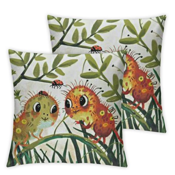 Chameleons Throw Pillow Cushion Case Pack Hungry Animals Grass Looking at Spider Insect World Illustration Worm Ladybug, Modern Accent Double-Sided Digital Printing,", Multicolor