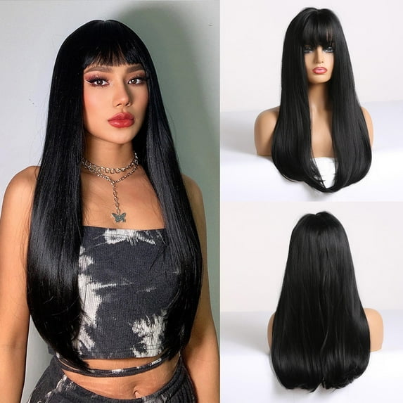 Body Wave Lace Front Wigs Human Hair,60cm Bangs Black Medium Long Straight Hair High Temperature Silk Rose Net Wig