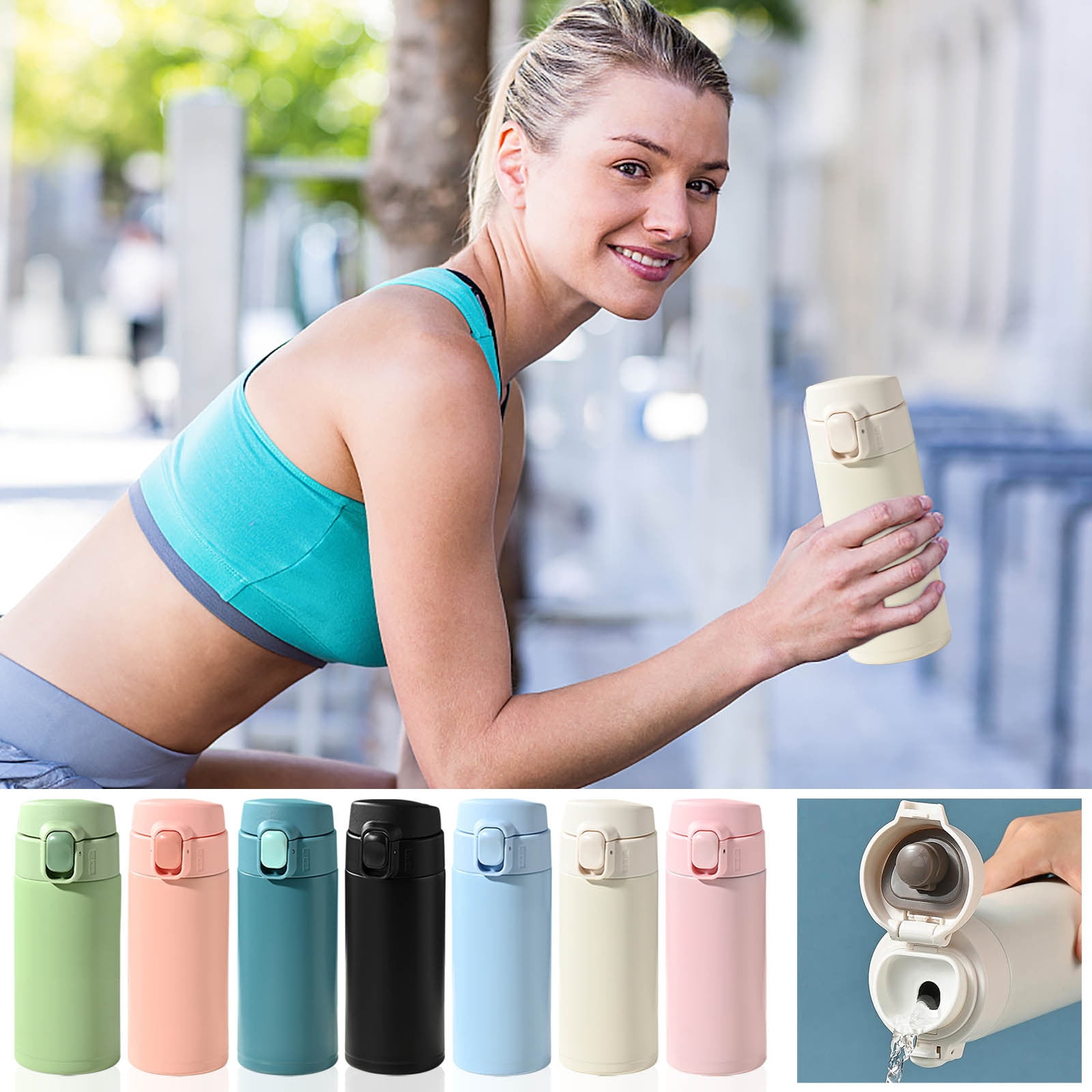 Insulated Stainless Steel Water Bottle Thermos Flask,Mini Small Thermos For Hot Drinks,Portable And Fashionable Water Cup For Men And Women With Handle Bounce Cover Insulation Cup 450ml