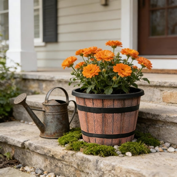 Chamoist Rustic Walnut Brown Wood-Effect Plastic Plant Pot, Whiskey Barrel Planters with Base Tray, Lightweight Durable Gardening And Potted Plants Container for Indoor Outdoor Balcony