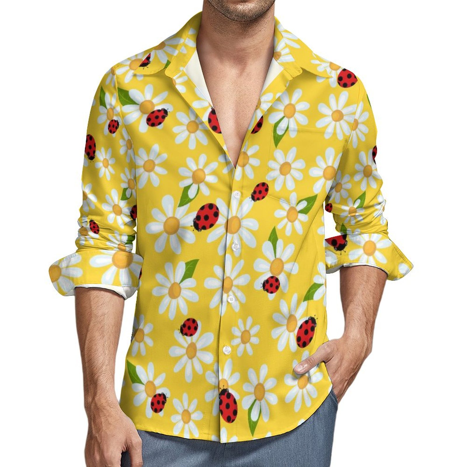 VISESUNNY Men's Hawaiian Shirt - Short Sleeve Button Down, Flower Chamomile & Bee Print, Quick Dry, Lightweight, For Beach, Vacation, Casual Wear