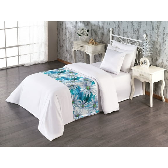 Chamomile Bed Runner, Simple Modern Minimalist Flowers Boho with Brush Strokes Background, Decorative Accent Bedding Scarf for Hotels Homes & Guest Rooms, Twin, Sea Blue Soft Blue White, by Ambesonne