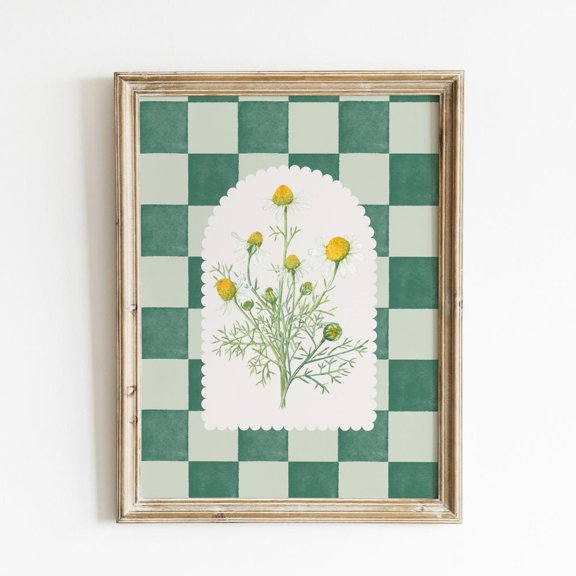 Chamomile Botanical Print: Green Checkered Cottagecore Art Home Decor Office Wall Art