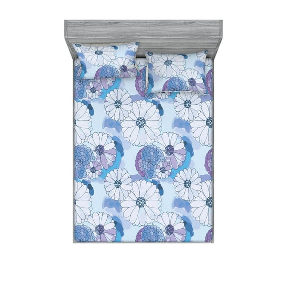 Chamomile Design Fitted Sheet & Pillow Sham Set, Watercolor Hues Ornamental Daisy Pattern Jungle Boho Vibes Print, Decorative Printed 3 Piece Bedding Decor, Calking, Pale Sky Blue Mauve, by Ambesonne