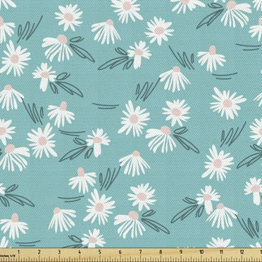 Chamomile Fabric by the Yard, Floral Theme Daisy Flowers Abstract Leaves Motifs on Blue Background, Decorative Upholstery Fabric for Sofas and Home Accents, 1 Yard, Cadet Blue Blush White by Ambesonne