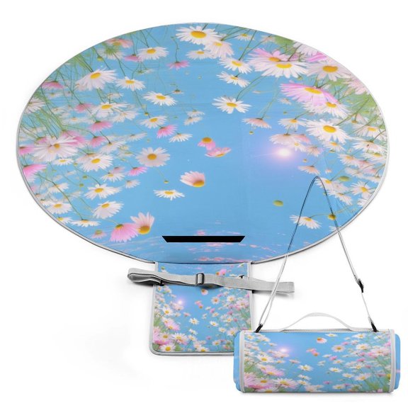 Chamomile Field Under Sunny Sky 58" Round Waterproof Picnic Blanket - Foldable Outdoor Mat Extra Large, Durable for Grass, Beach Or Park