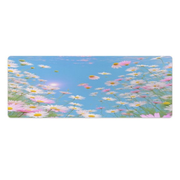 Chamomile Field Under Sunny Sky Kitchen Rugs Pvc Mats Set of 2 Pieces Non Slip Soft Cushioned Standing Mat And Runner Wipeable Floor Mat