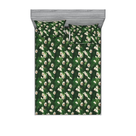 Chamomile Fitted Sheet & Pillow Sham Set, Garden Scene Daisies Sunny Weather Summer Season Love Blurred Effect, Decorative Printed 3 Piece Bedding Decor, King, Forest Green Marigold, by Ambesonne