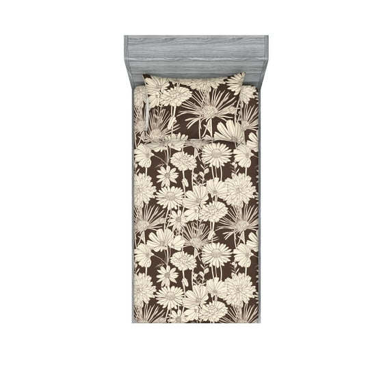 Chamomile Fitted Sheet & Pillow Sham Set, Vintage Design Monochrome Minimalist Daisy Pattern on Earthy Colored Backdrop, Decorative Printed 2 Piece Bedding Decor, Twin, Taupe Eggshell, by Ambesonne
