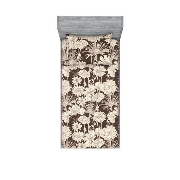 Chamomile Fitted Sheet & Pillow Sham Set, Vintage Design Monochrome Minimalist Daisy Pattern on Earthy Colored Backdrop, Decorative Printed 2 Piece Bedding Decor, Twin, Taupe Eggshell, by Ambesonne