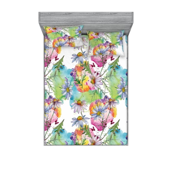 Chamomile Fitted Sheet & Pillow Sham Set, Vintage Rainbow Colors Flowers Pattern on Watercolor Hues Backdrop, Decorative Printed 3 Piece Bedding Decor, Calking, Lime Green White Mauve, by Ambesonne
