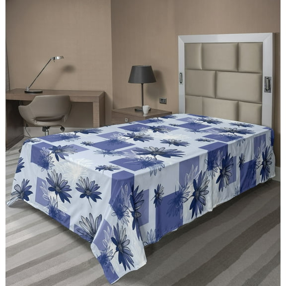 Ambesonne Chamomile Flat Bedding Sheet Soft Top Sheet, Modern Flowers Squares, Twin XL, Dark Ceil Blue White