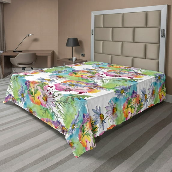 Ambesonne Chamomile Flat Bedding Sheet Soft Top Sheet, Rainbow Flowers and Hues, Full, Lime Green White Mauve