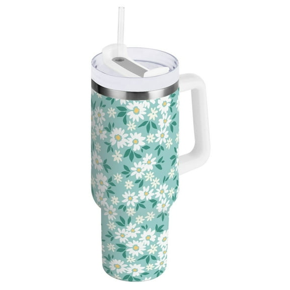 Chamomile Floral Daisy Tumbler with Handle and Straw Insulated Travel Mug Reusable Stainless Steel Water Bottle 40 oz