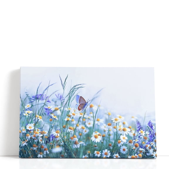 Chamomile, Purple Wild Peas, Butterfly in Morning Haze - Wrapped Canvas Print Wall Art | 18" W x 12" H