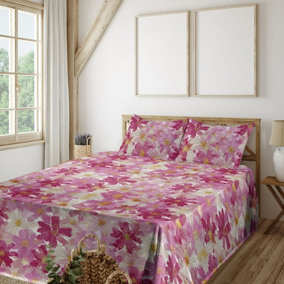 Ambesonne Chamomile Fitted & Flat Sheet with Sham 3 Pcs Set, Neutral Daisy Pattern, Twin, Magenta Pale Peach
