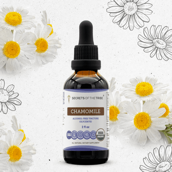 Secrets Of The Tribe Chamomile Organic Tincture Dietary Supplement, Natural Herbal Extract for Digestive Support, Certified Organic Chamomile (Matricaria recutita) Dried Flower, Alcohol-Free, 2 oz
