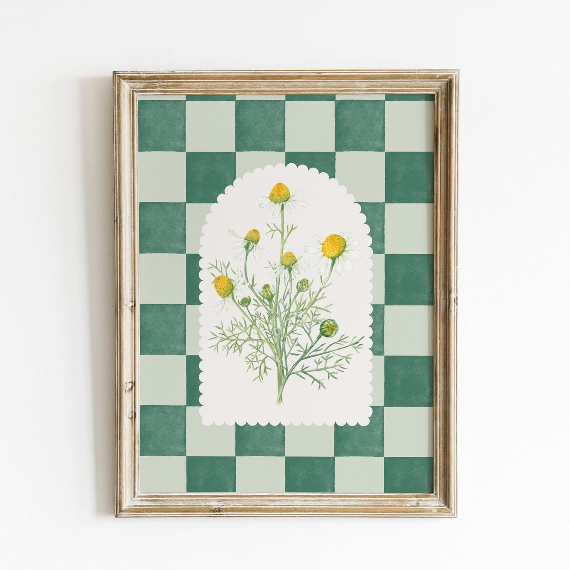Rustic Checkard Print Chamomile Wall Art Print, Green Checkered Background Decor, Cottagecore ...